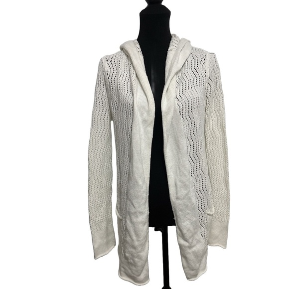 Eddie Bauer womens small white open front hooded cardigan sweater, 100% cotton - Picture 1 of 6
